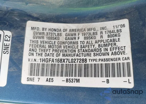 2007 Honda Civic Ex из США, поврежденный, VIN 1HGFA168X7L027288